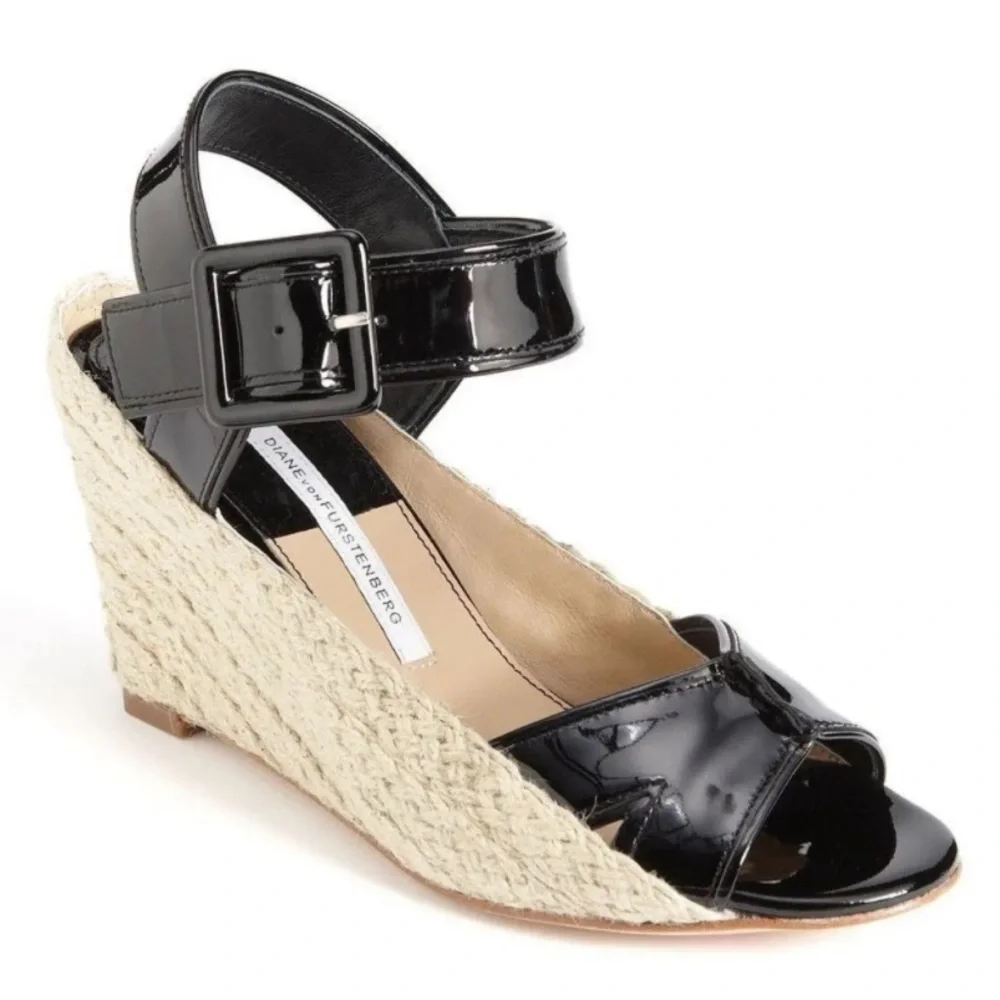 Diane von Furstenberg Sudan Patent Open Toe Espadrille Wedge Heels